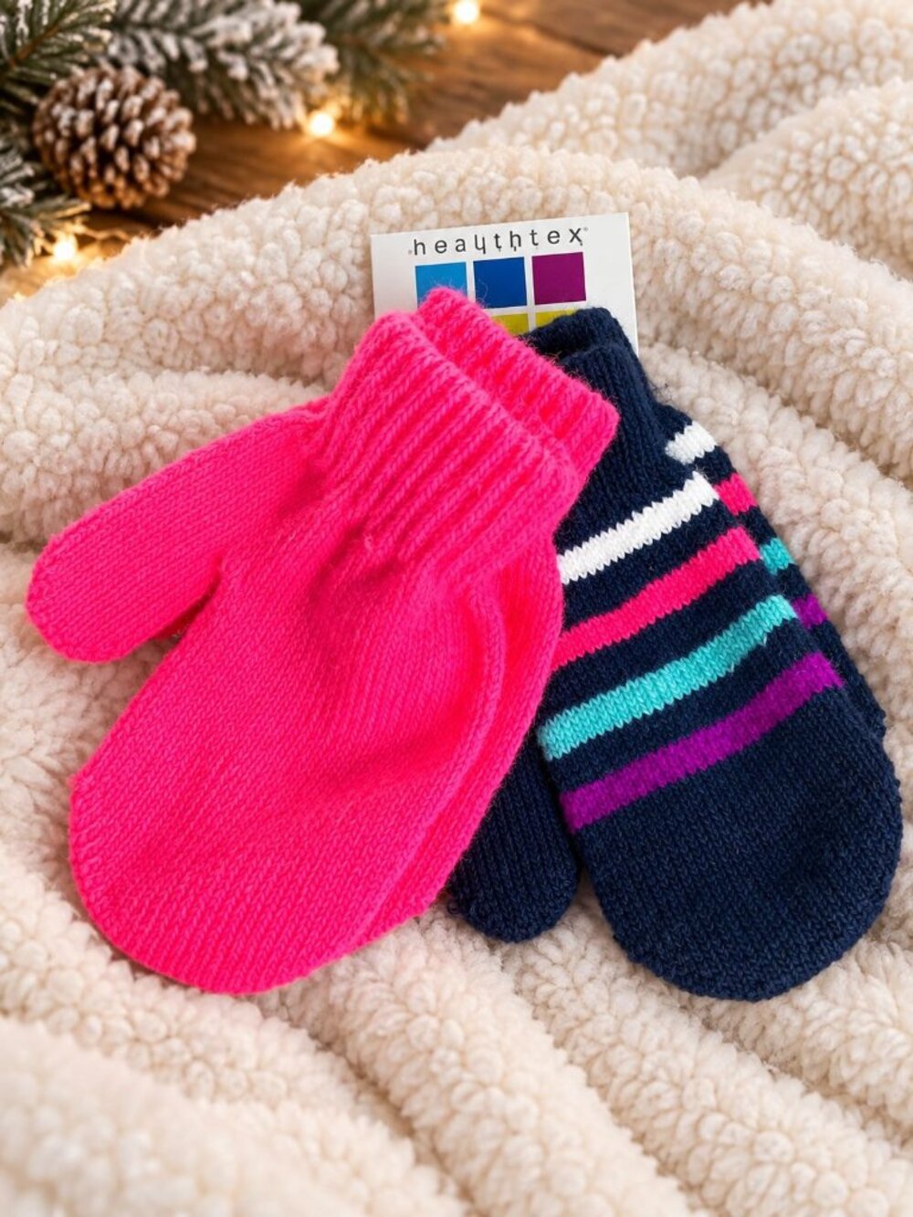 Healthtex Hot Pink Navy Blue Toddler Infant Baby Mittens Striped Winter Gloves